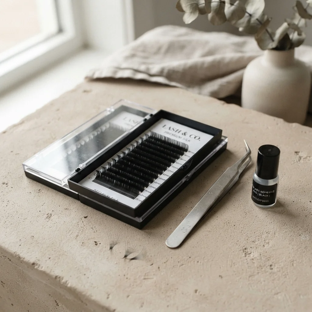 Trays mit Wimpernextensions und eine feine gebogene Pinzette auf sandfarbener Fläche